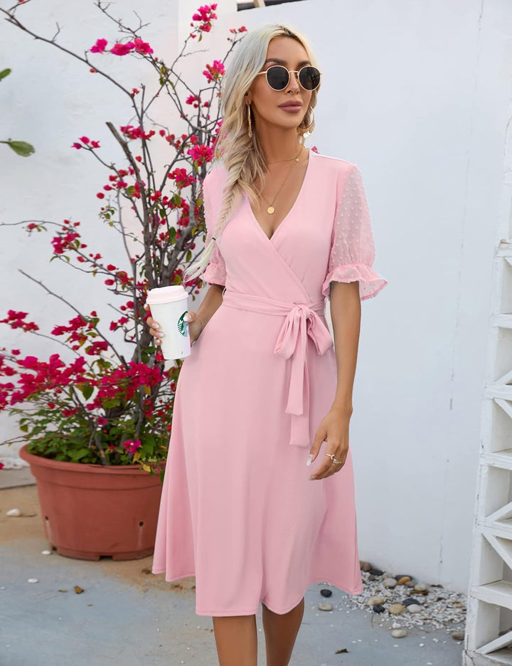 KOJOOIN Damen Kleid Strickkleider Pulloverkleid Elegant A-Line Tunika V-Ausschnitt Langarm Midikleid