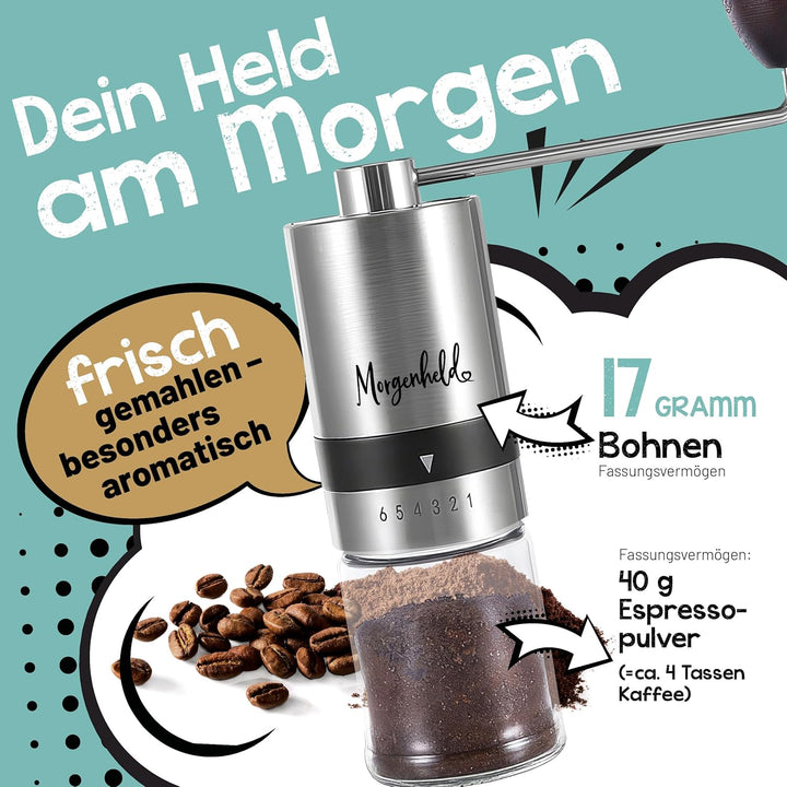 Kaffeemühle manuell aus Edelstahl 2 Glas Behälter – 6 Mahlgrade (Espresso bis Cold Brew) – Handkaffe