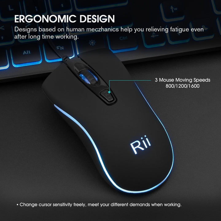 Rii Gaming Tastatur und Maus Set mit Kabel, 3 LED Hintergrundbeleuchtung QWERTZ (DE-Layout), Kabelge