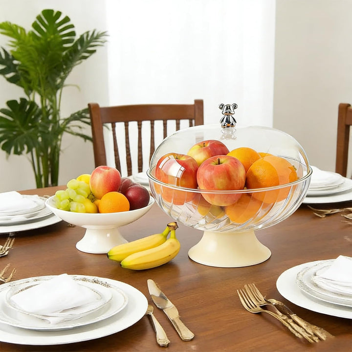Obstschale mit Deckel und Abtropfeinsatz Transparent – Kunststoff Fruchtschale mit Fuss für Tischdek