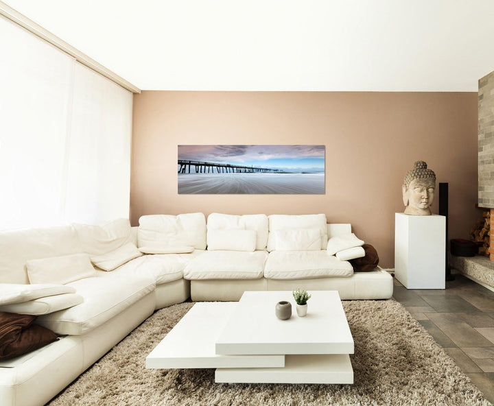 Paul Sinus Art Panoramabild auf Leinwand und Keilrahmen 150x50cm Strand Meer Wellen Sturm Steg Wolke