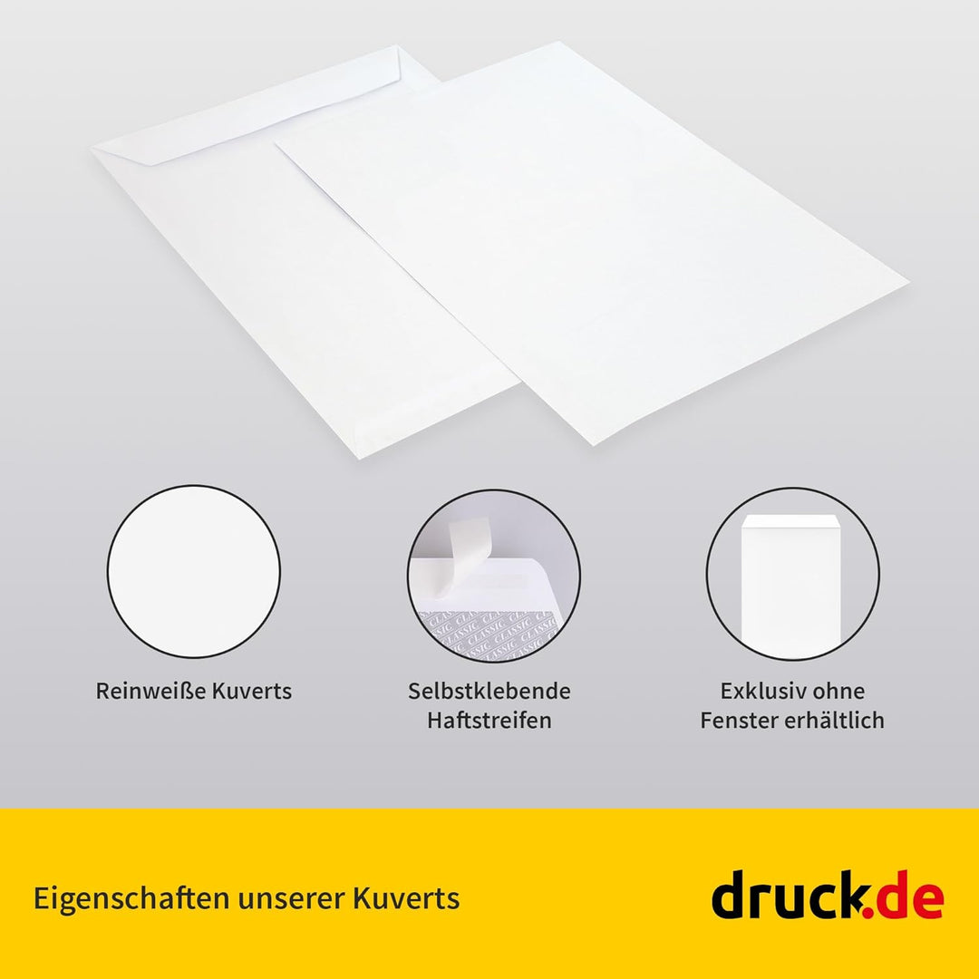 500 Stück Kuverts - Briefumschläge - C4 Tasche ohne Fenster - weiss - selbstklebender Haftfix Versch