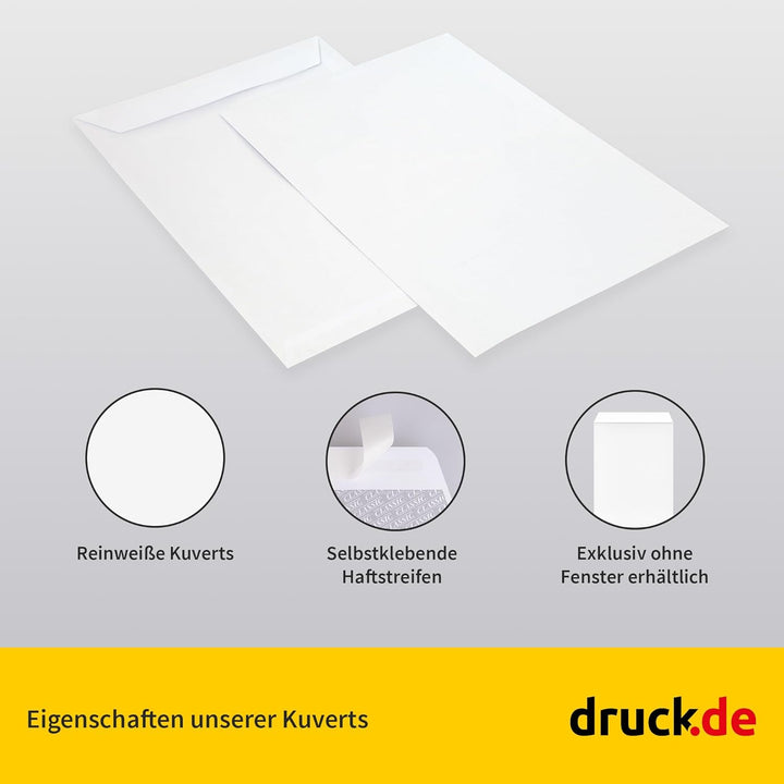 250 Briefumschläge - B4 Tasche ohne Fenster - 250x353 mm - weisse Papierumschläge - selbstklebend -