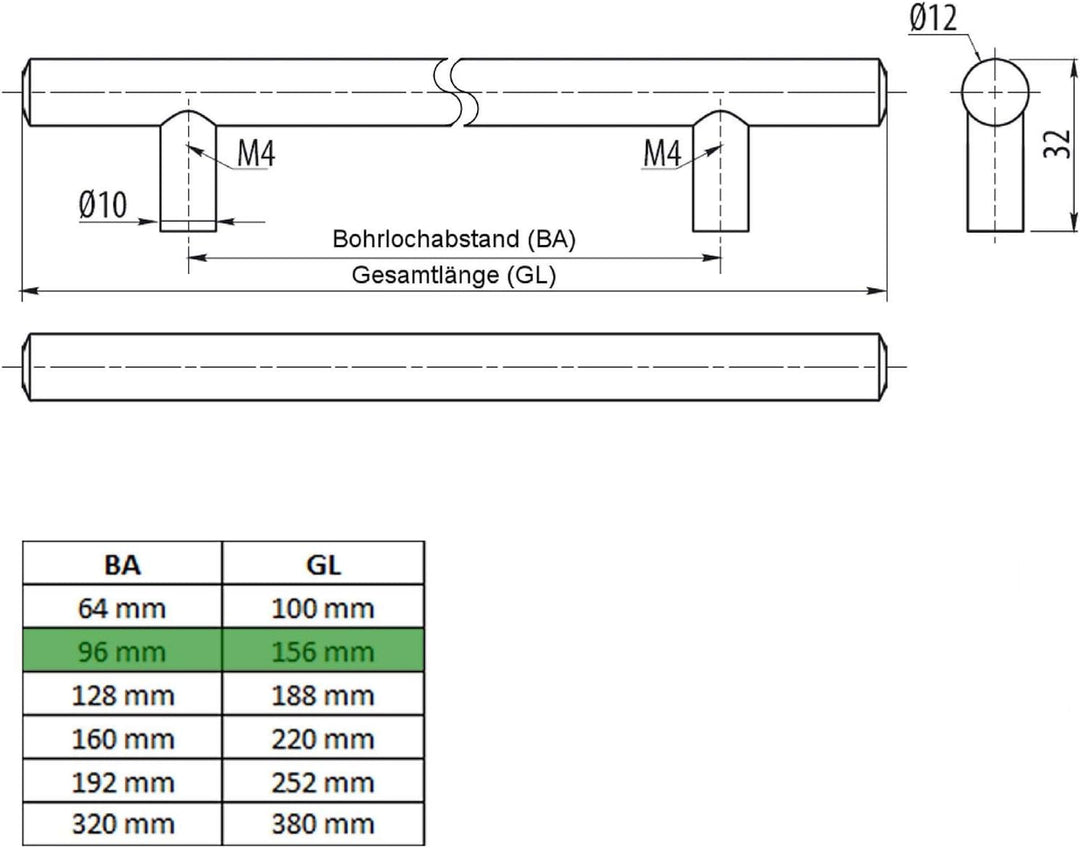 SOTECH 10 x Möbelgriff G6 echt Edelstahl massiv Ø 12 mm/BA 96 mm Stangengriffe Relinggriffe BA 096 m