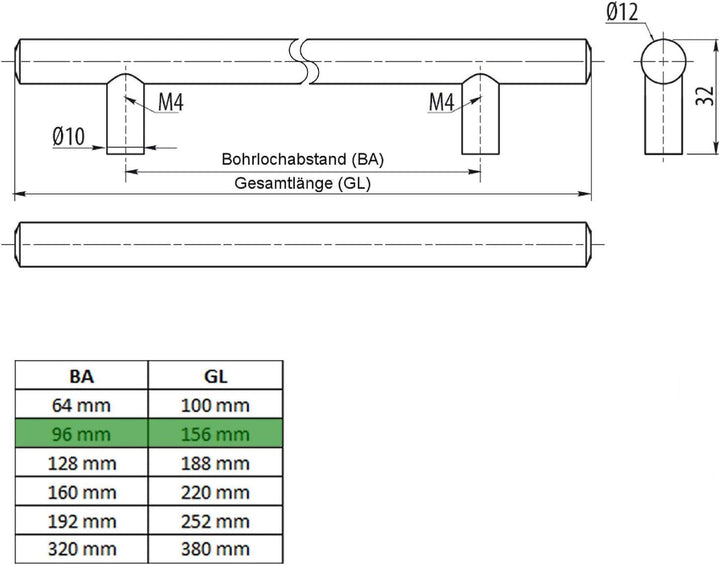 SOTECH 10 x Möbelgriff G6 echt Edelstahl massiv Ø 12 mm/BA 96 mm Stangengriffe Relinggriffe BA 096 m
