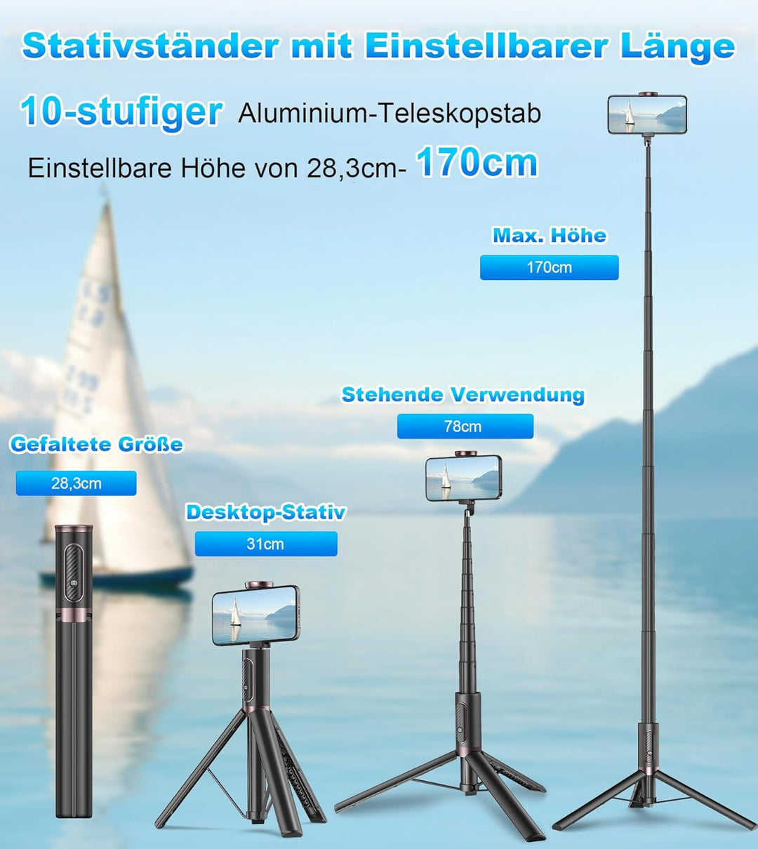 TONEOF 170CM Selfie Stick Stativ, Ausziehbar All-in-1 Stativ Handy Foto-&Videokits aus Aluminium mit