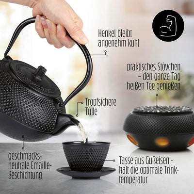 Lumaland Tee Set 8-teilig | 1,4 Liter Gusseiserne Teekanne Tetsubin | Stövchen aus Gusseisen | 2 Tee