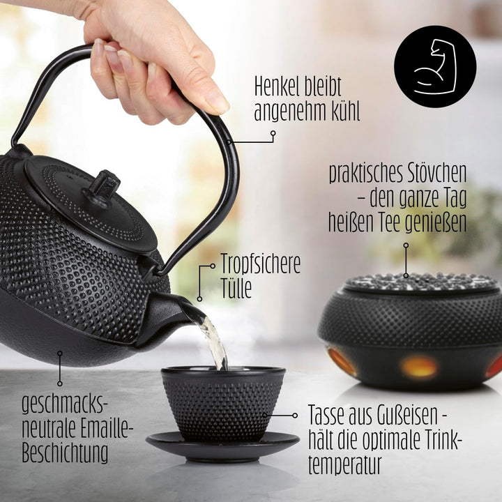 Lumaland Tee Set 8-teilig | 1,4 Liter Gusseiserne Teekanne Tetsubin | Stövchen aus Gusseisen | 2 Tee