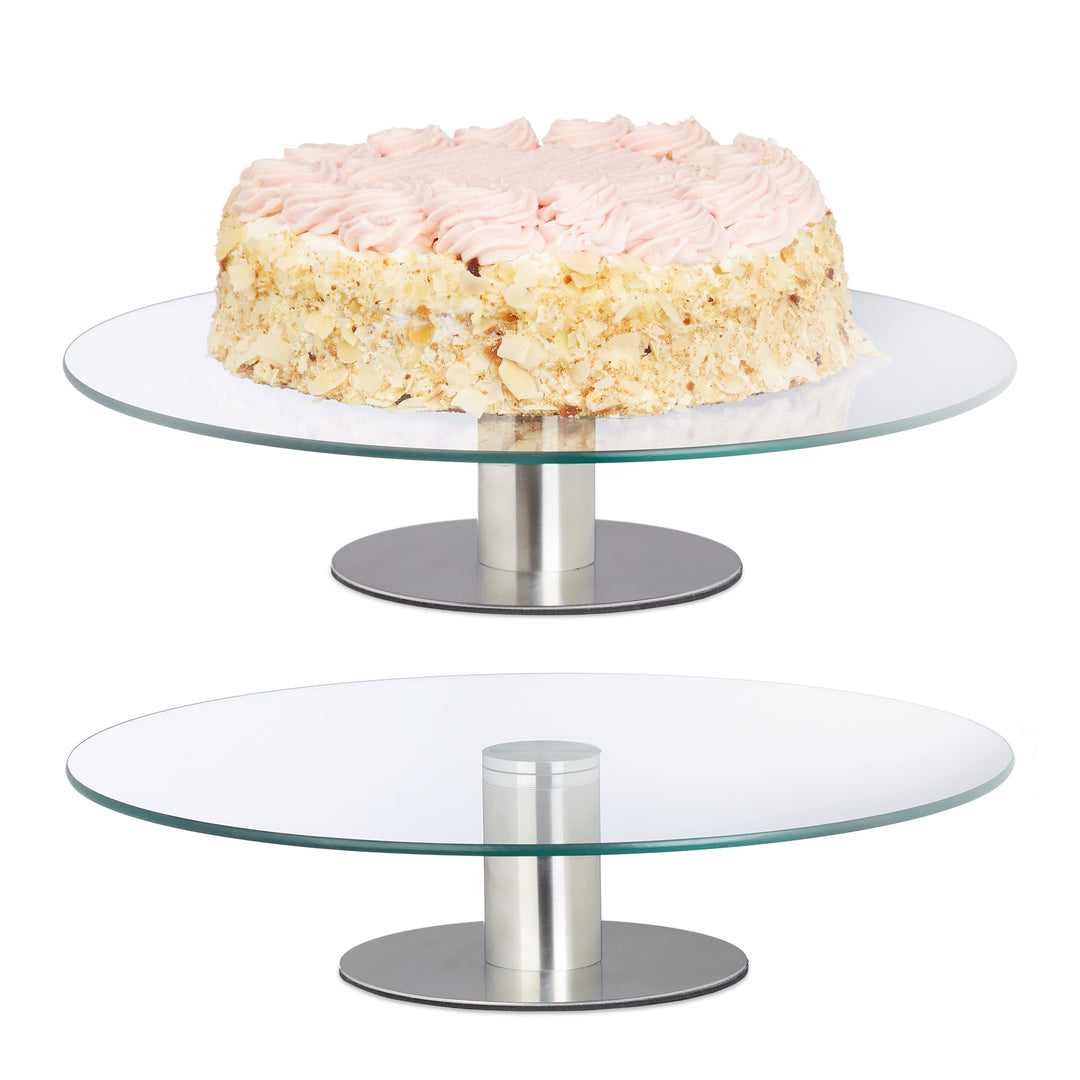 Relaxdays Tortenplatte mit Fuss, 2er Set, drehbar, ∅ 30 cm, zum Servieren, runde Kuchenplatte Glas,