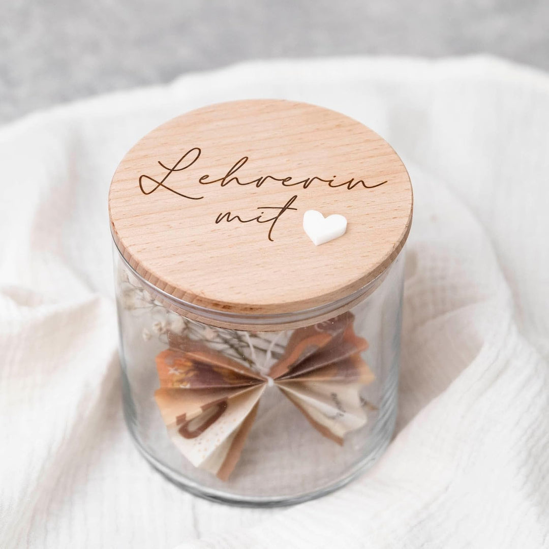 Geschenk Lehrerin: Süssigkeitenglas mit Gravur & 3D-Herz | Vorratsglas mit luftdichtem Deckel | Gesc