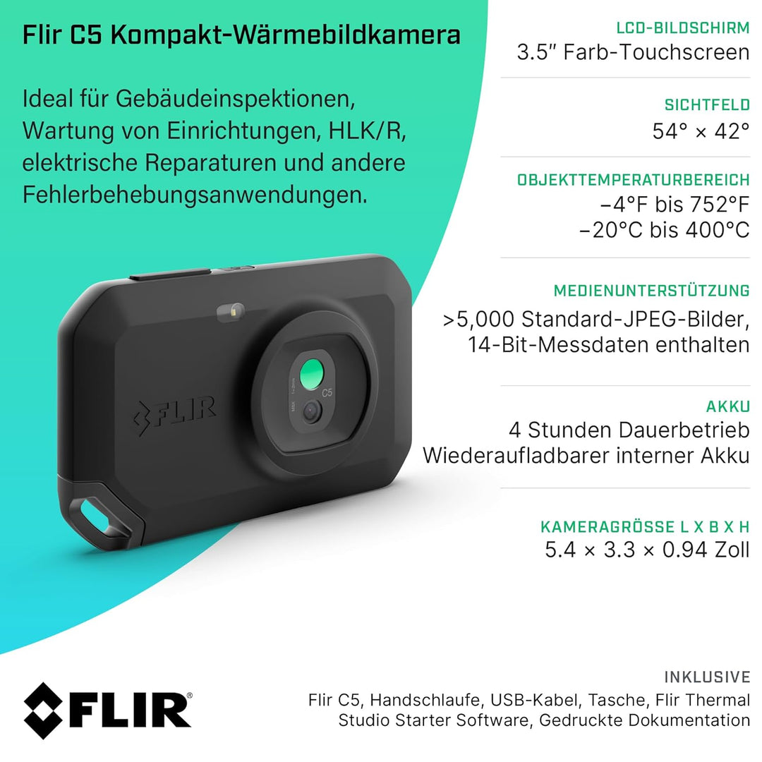 FLIR C5, Profi-Thermokamera, leistungsstark und kompakt mit WLAN, misst Temperaturen bis 400 °C (752