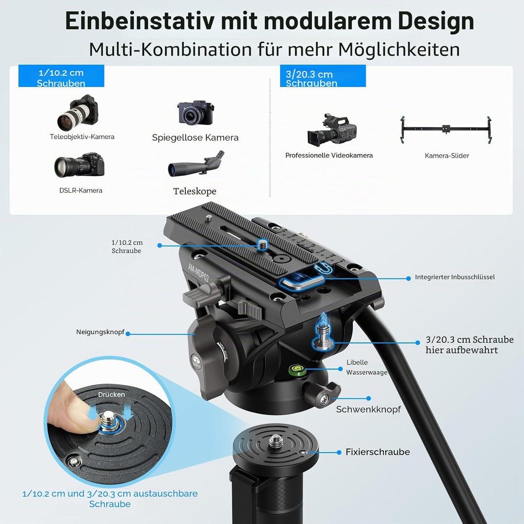 SIRUI AM-MDP02 Video Monopod mit Fluidkopf | 188cm Aluminium Einbeinstativ für DSLR & spiegellose Ka