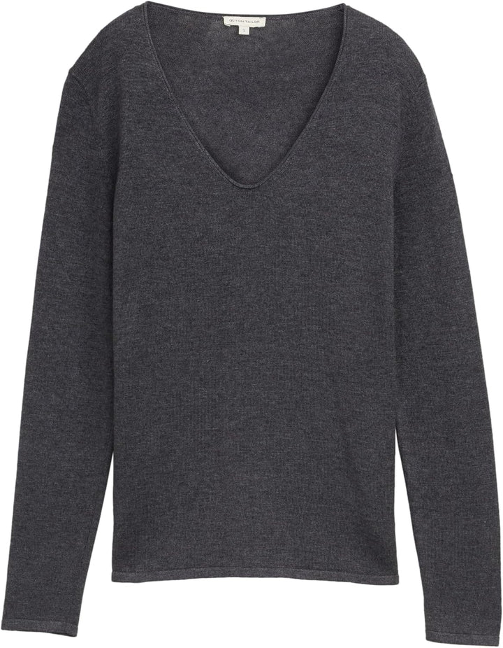 TOM TAILOR Damen Basic Strickpullover mit V-Ausschnitt XS 30281 - Evident Anthracite Melange, XS 302