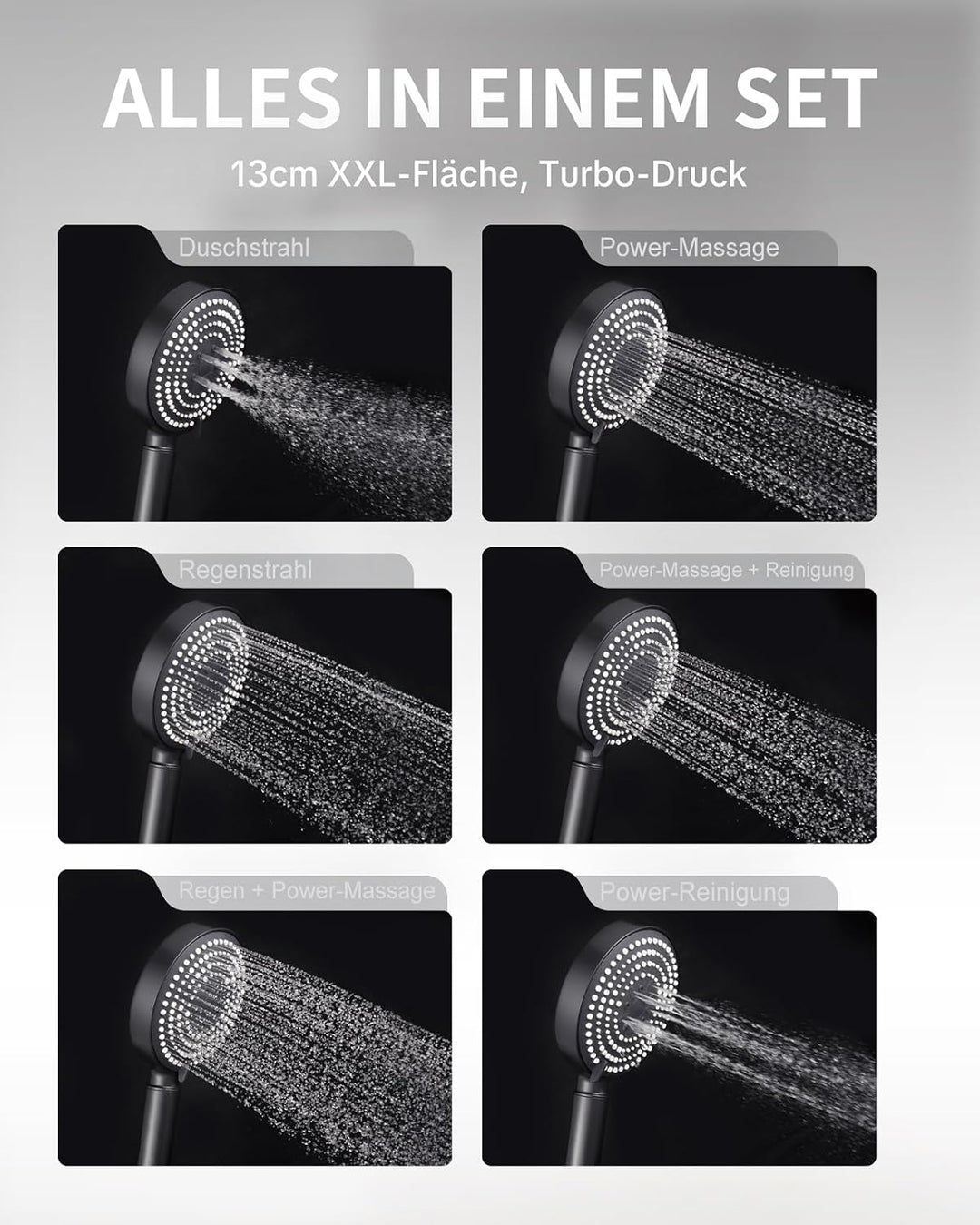 OFFO Duschkopf mit Schlauch 1,6m mit Verdrehschutz, Handbrause mit Filter 6 Strahlarten, Duschkopf G