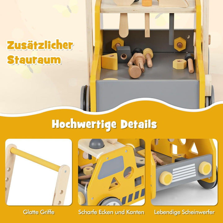 DREAMADE 2 in 1 Lauflernwagen aus Holz, mini-Werkzeugbank mit Rädern, Lauflernhilfe für Mädchen und