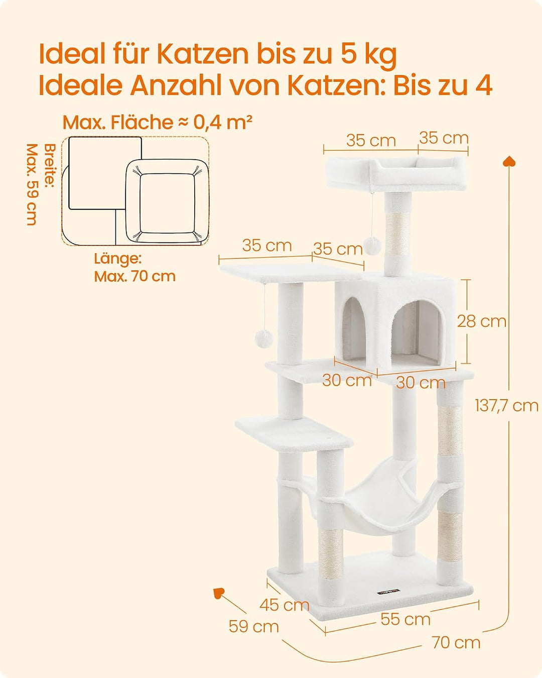 Feandrea Kratzbaum, 143 cm hoch, Katzenbaum, mehrstöckiges Katzenhaus, mit 4 Kratzsäulen, 2 Plattfor