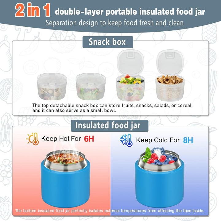 Itslife Thermobehälter für Essen 450ml mit 2pcs Snackbox, Auslaufsicherer Lunchbox Kinder mit Löffel