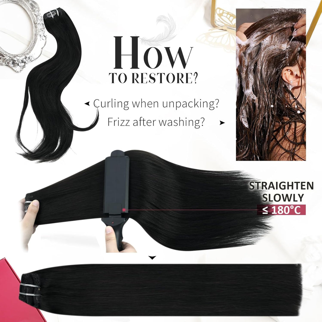 Moresoo Extensions Clip in Echthaar Schwarz Doppelt Tressen Extensions Echthaar Clip in Pechschwarz