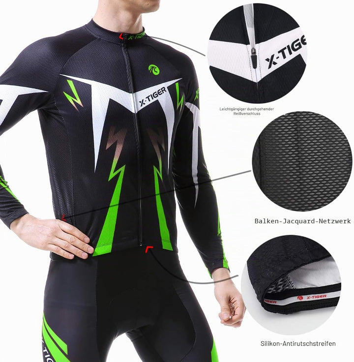 X-TIGER Herren Langarm Radtrikot Set Winter Radsportanzüge mit 5D Gel Gepolsterten Trägerhosen Herbs