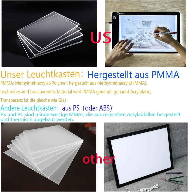 XIAOSTAR Leuchttablett A4, beleuchteter Tisch, Zeichnung mit LED, Ladekabel Typ C, Helligkeit verste