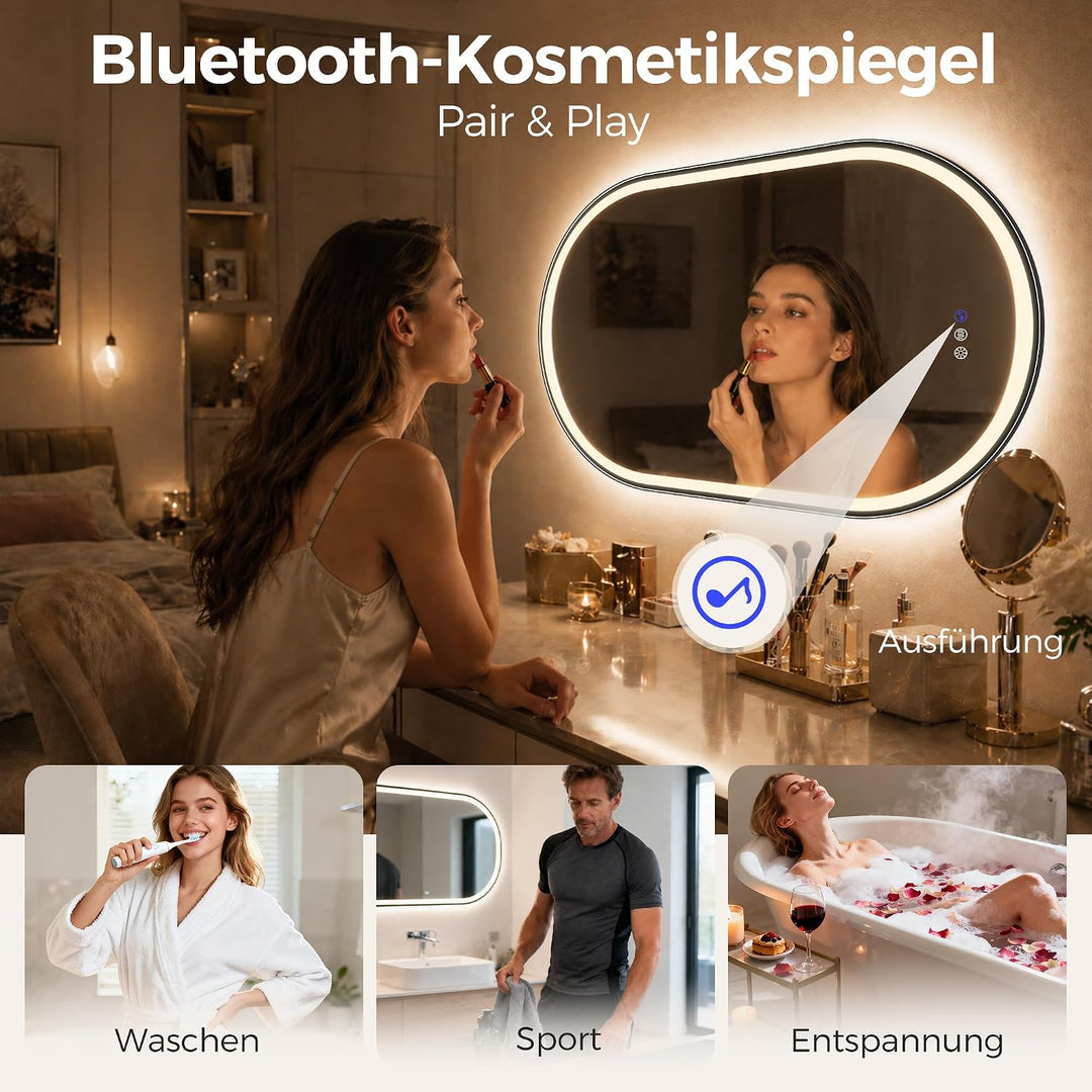 STARLEAD Schwarz Oval-LED-Badspiegel-mit-Beleuchtung 80x50cm, Bluetooth, Dimmbar, 3 Lichtfarben, Ent