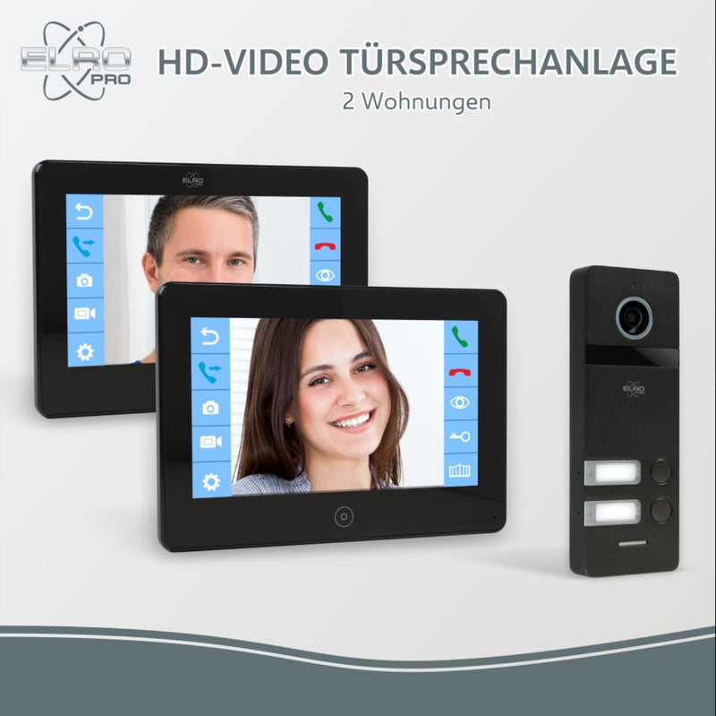 ELRO PRO PV40 Full HD Video-Türsprechanlage für 2 Familien, 1080P, 2x 7 Zoll Farbmonitore, Voicemail