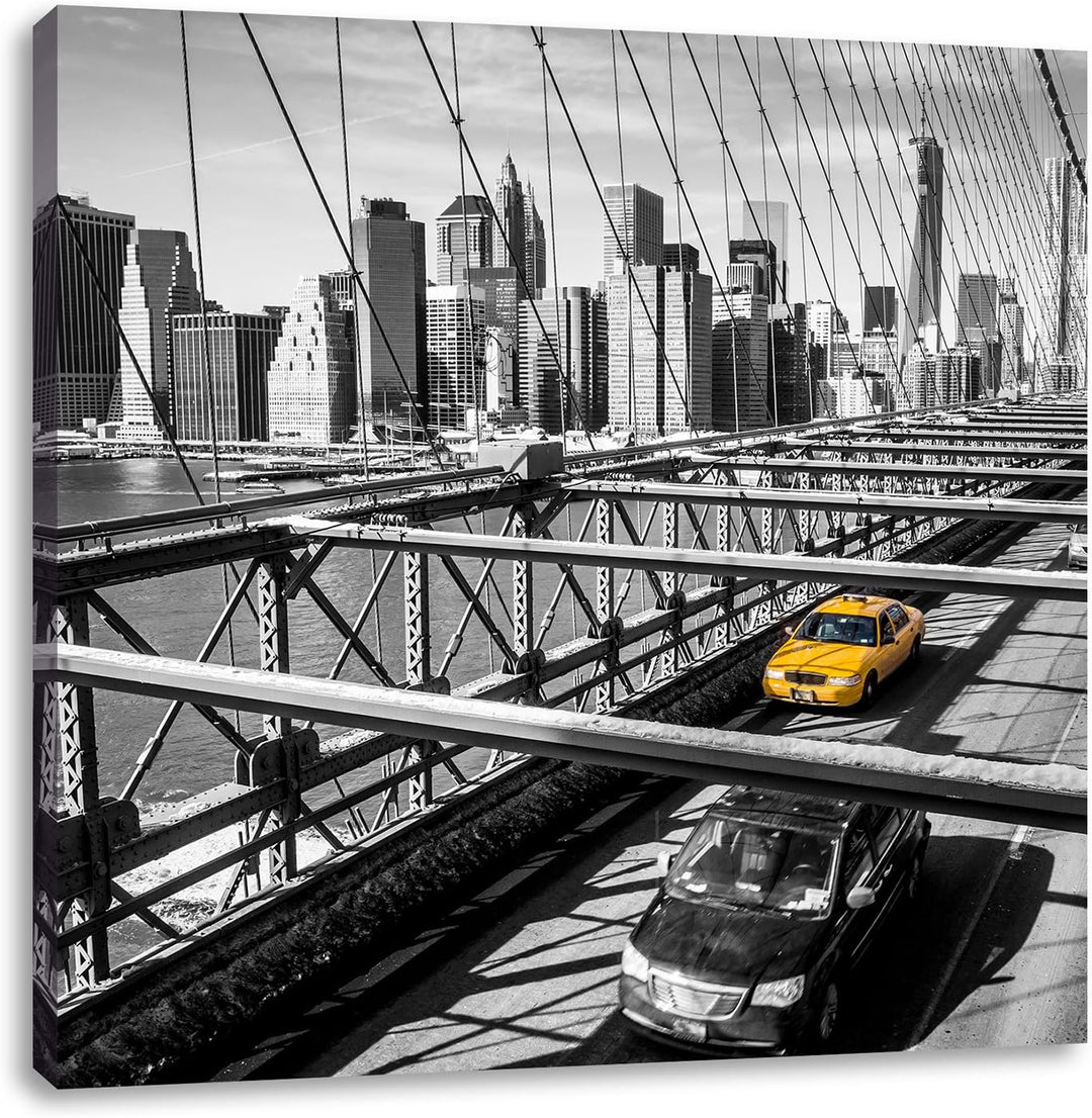 Pixxprint Gelbes Taxi in New York auf Brücke, Format: 70x70 auf Leinwand, 70x70