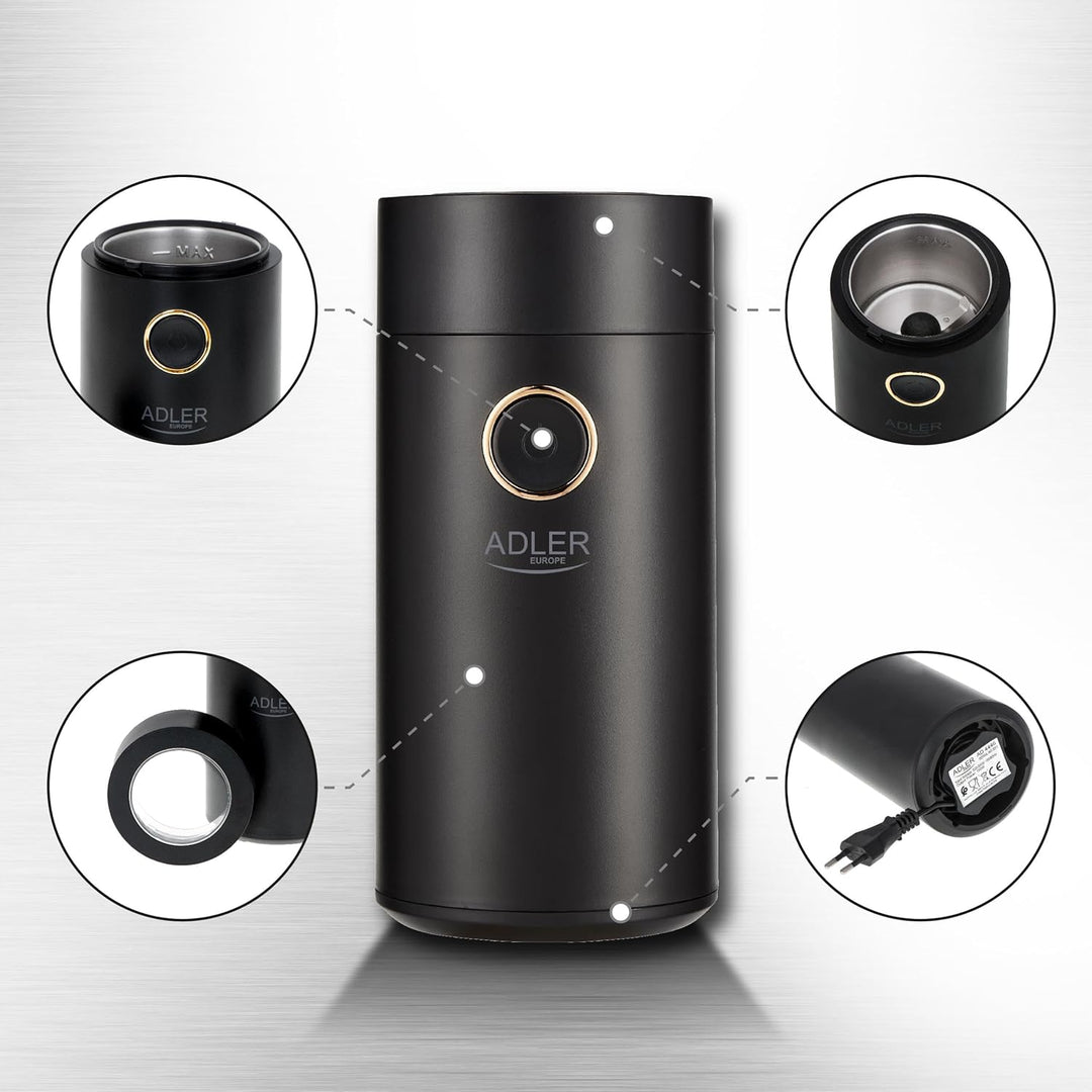 Adler AD 4446bs Elektrische Kaffeemühle aus Edelstahl, 150 W, Füllmenge bis zu 75g, Mühle für Kaffee