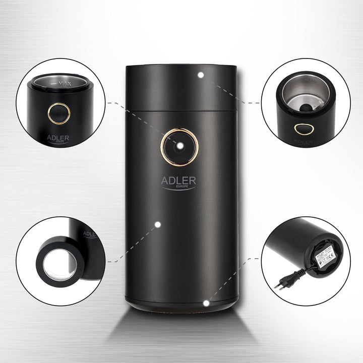 Adler AD 4446bs Elektrische Kaffeemühle aus Edelstahl, 150 W, Füllmenge bis zu 75g, Mühle für Kaffee