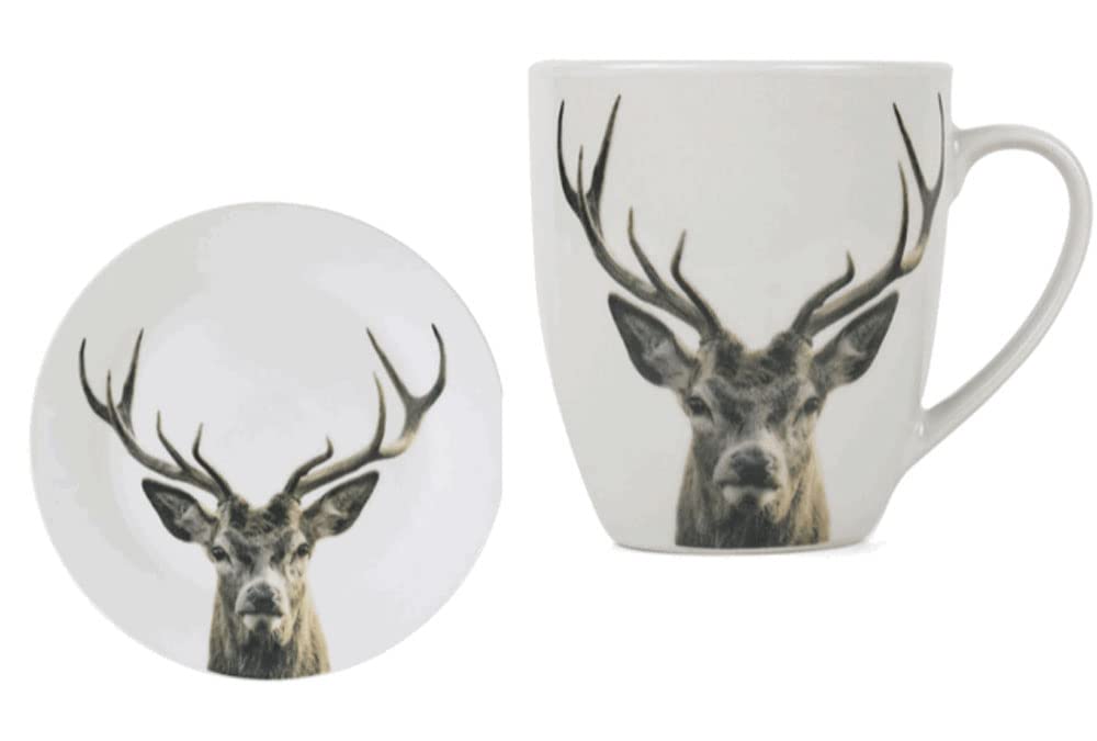 Mars & More Frühstücksset Becher 400ml und Dessertteller Ø19cm Rotwild Frühstücksgeschirr Set