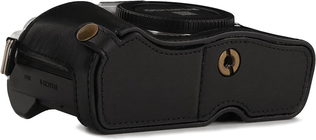 MegaGear Ever Ready Leder Kamera Halbtasche mit Trageriemen kompatibel mit Olympus OM-D E-M10 Mark I