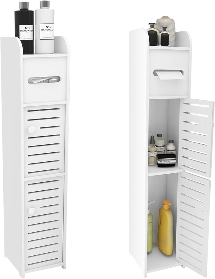 17x15x78cm Doppeltür PP Badezimmerschrank Weiss – Schmaler WC Schrank mit Toilettenpapierhalter, Pla