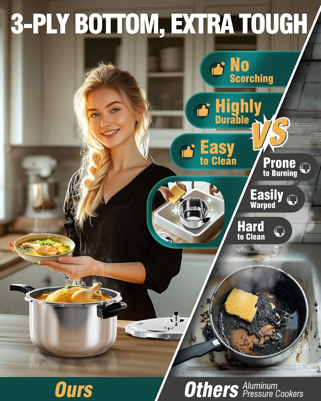 WantJoin Schnellkochtopf, Edelstahl, 6 Qt, kommerzieller Schnellkochtopf, für Schnellkochtöpfe oder