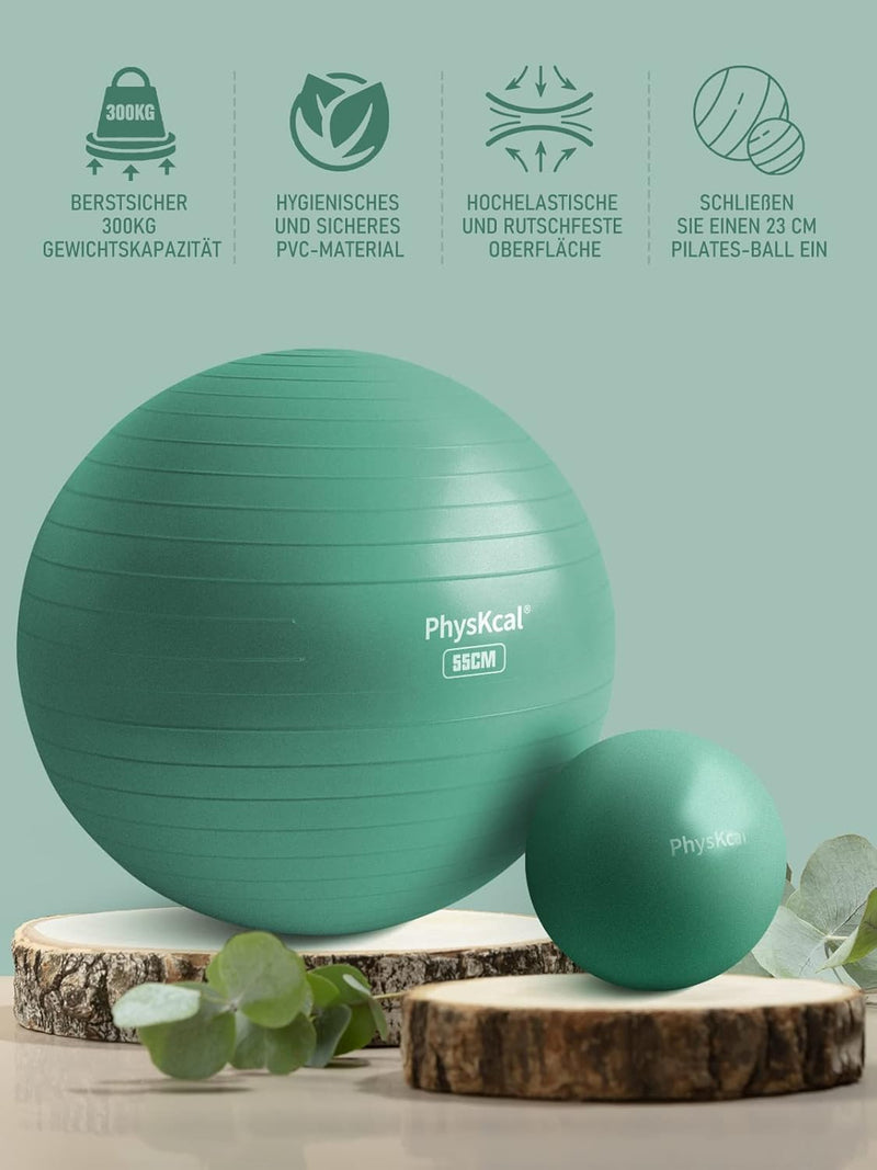 PhysKcal Gymnastikball in 55cm bis 85cm und 23 cm Pilatesball Set inkl. Luft-Pumpe | Berstschutz Gym