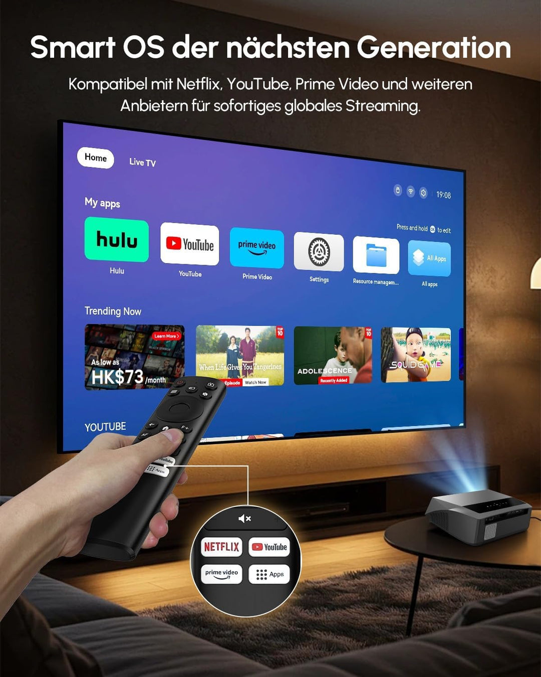 4K Smart Beamer Tageslicht mit Zertifizierten Apps, 2300 ANSI LED Projektor, DB-Audio, Autofokus, Wi