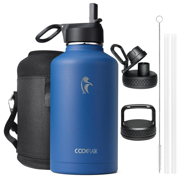 Isolierte Wasserflasche 2L, Coolflask Wasserflasche mit Strohhalm & 3 Deckeln, Isolierte Wasserflasc