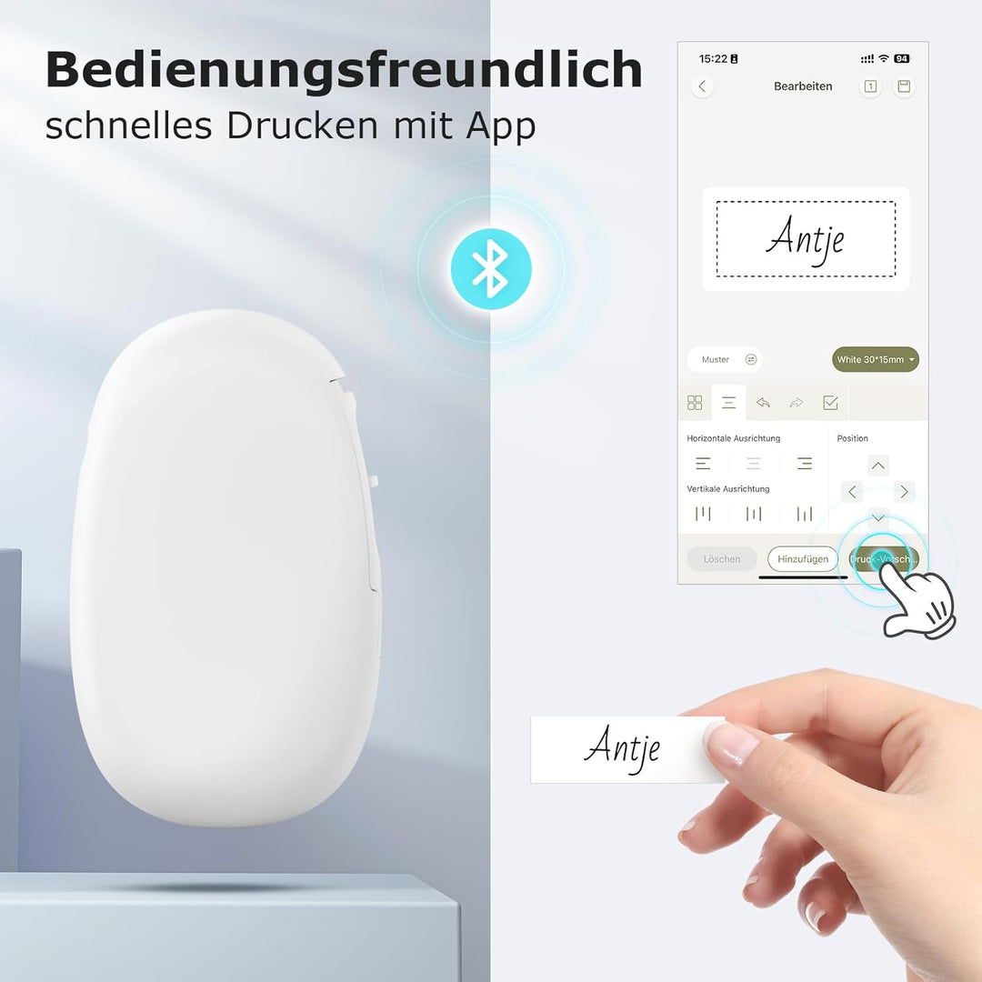 SUPVAN E10 Etikettiergerät, selbstklebend, Bluetooth, tragbar, kompatibel mit iOS und Android Weiss,