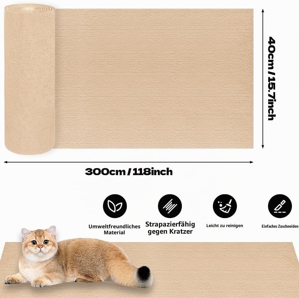 Kratzmatte Selbstklebend 300cmx40cm - Katzenkratzmatten für Wand, Kratzteppich, Katzenteppich (Khaki