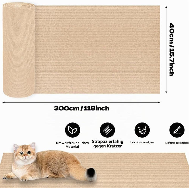 Kratzmatte Selbstklebend 300cmx40cm - Katzenkratzmatten für Wand, Kratzteppich, Katzenteppich (Khaki
