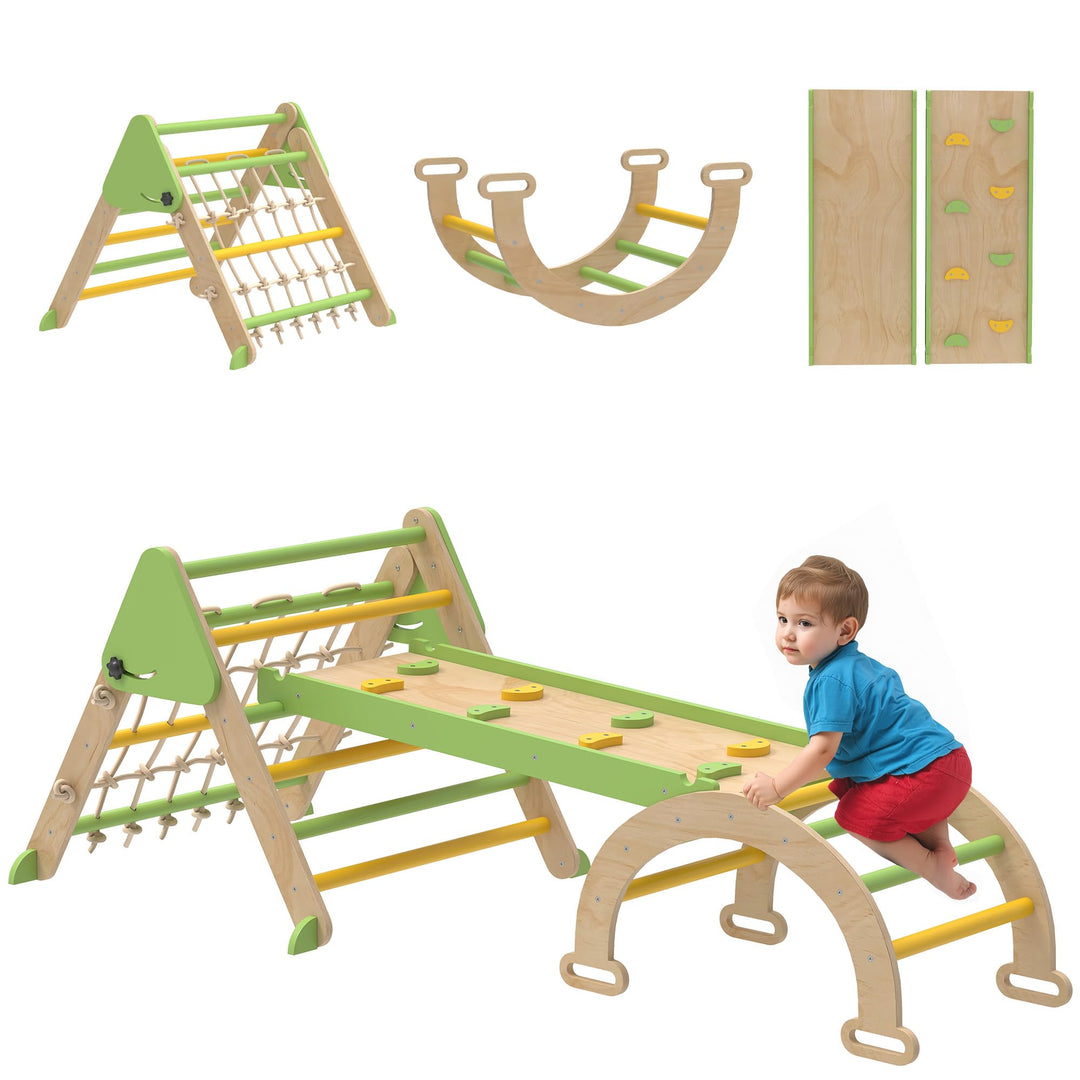 AIYAPLAY 8-in-1 Montessori Klettergerüst Indoor Holz Kletterdreieck mit Kletterbogen, doppelseitiger
