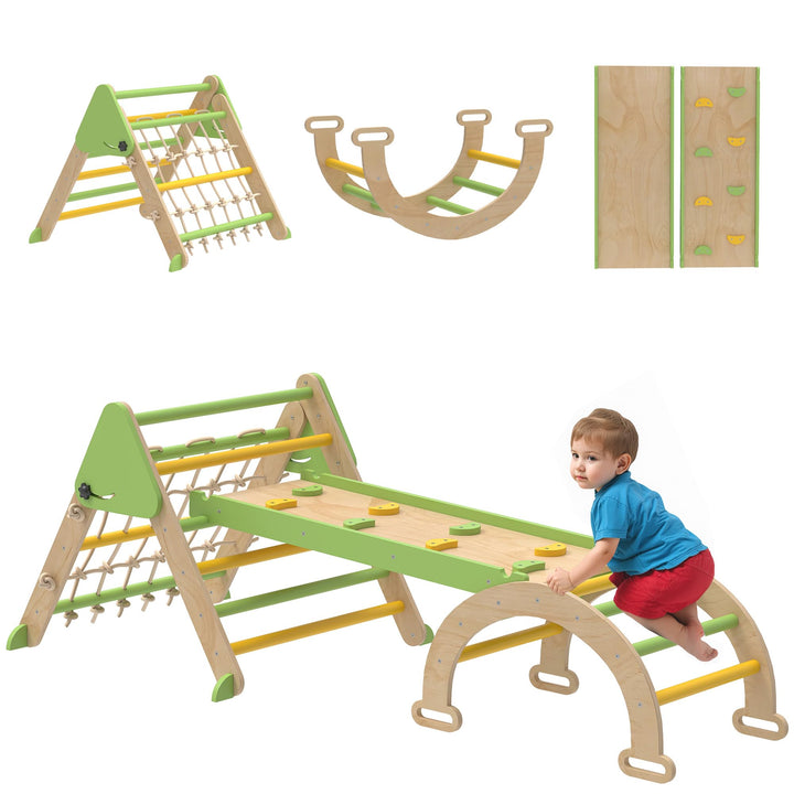 AIYAPLAY 8-in-1 Montessori Klettergerüst Indoor Holz Kletterdreieck mit Kletterbogen, doppelseitiger