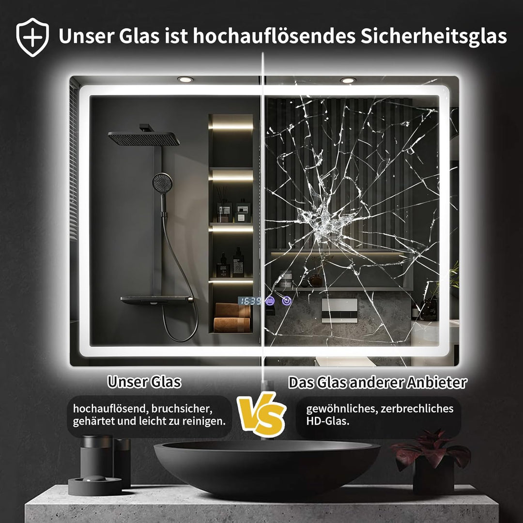 Treeboy Badspiegel mit Beleuchtung 50x70cm - LED Badezimmerspiegel mit Uhr, Temperatur & Feuchtigkei