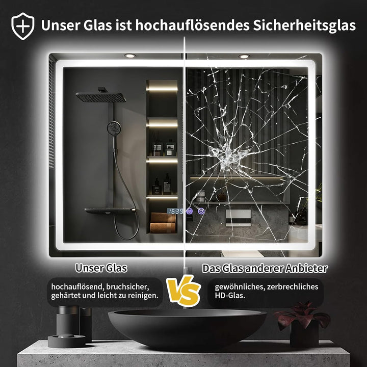 Treeboy Badspiegel mit Beleuchtung 50x70cm - LED Badezimmerspiegel mit Uhr, Temperatur & Feuchtigkei