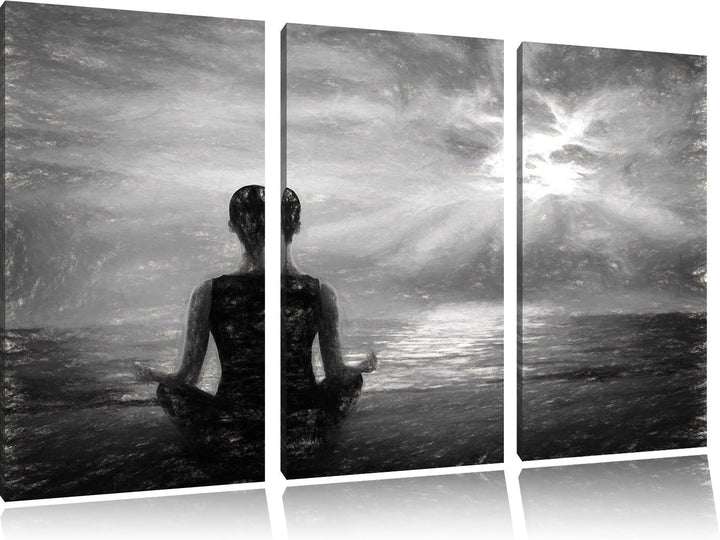 Pixxprint Frau meditiert am Strand als Leinwandbild/Grösse: 3 Teilig (120x80) cm/Wandbild/Kunstdruck
