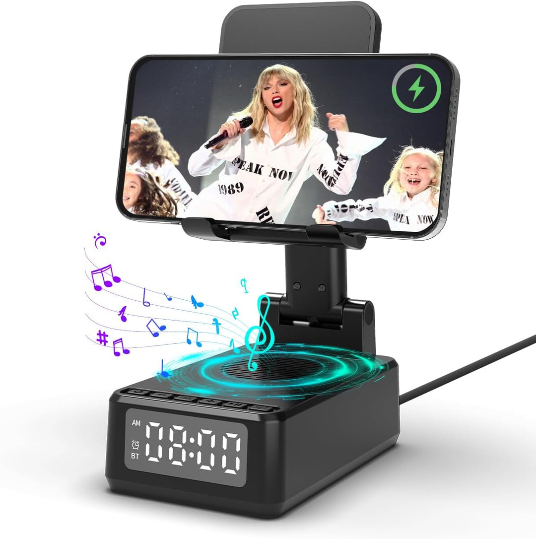 Bluetooth Lautsprecher mit Faltbarer Handyhalterung, 6-in-1 Tragbarer Musikbox, Handy Ständer mit We