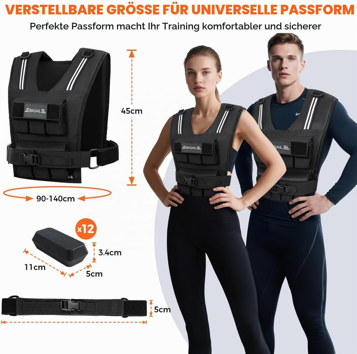 BAGAIL Gewichtsweste für Krafttraining, abnehmbare Eisenplatten, verstellbare Brustgrösse, Hochleist