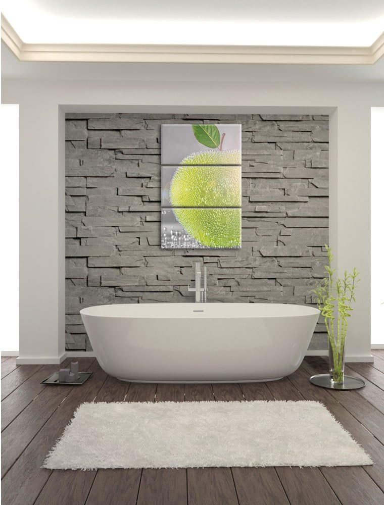 Pixxprint Grüner saftiger Apfel mit Wasserperlen 3-Teiler Leinwandbild 120x80 Bild auf Leinwand