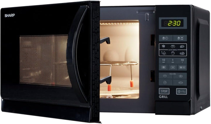 Sharp R742BKW 2-in-1 Mikrowelle mit Grill / 25 L / 900 W / 1000 W Grill / LED-Display / 8 Automatikp