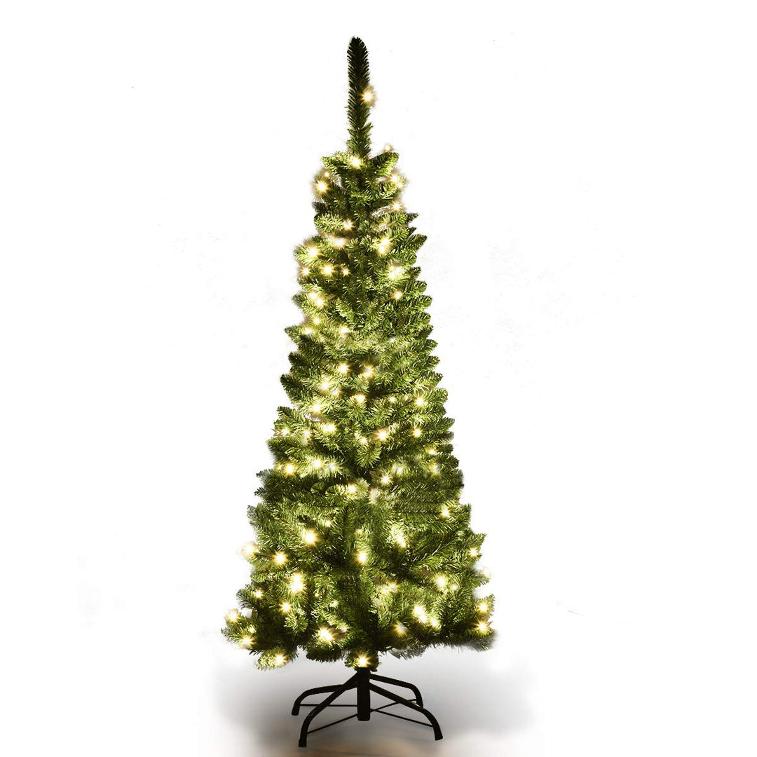 COSTWAY 135/200/225cm Bleistift Weihnachtsbaum mit warmweissen LED-Leuchten, künstlicher Tannenbaum