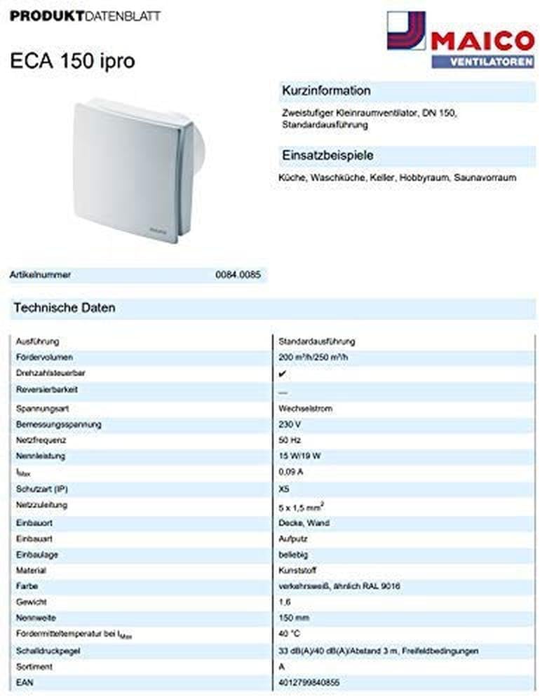 Maico Kleinraum Ventilator 230 V DN150, Standard ECA150 IPRO, 4342126